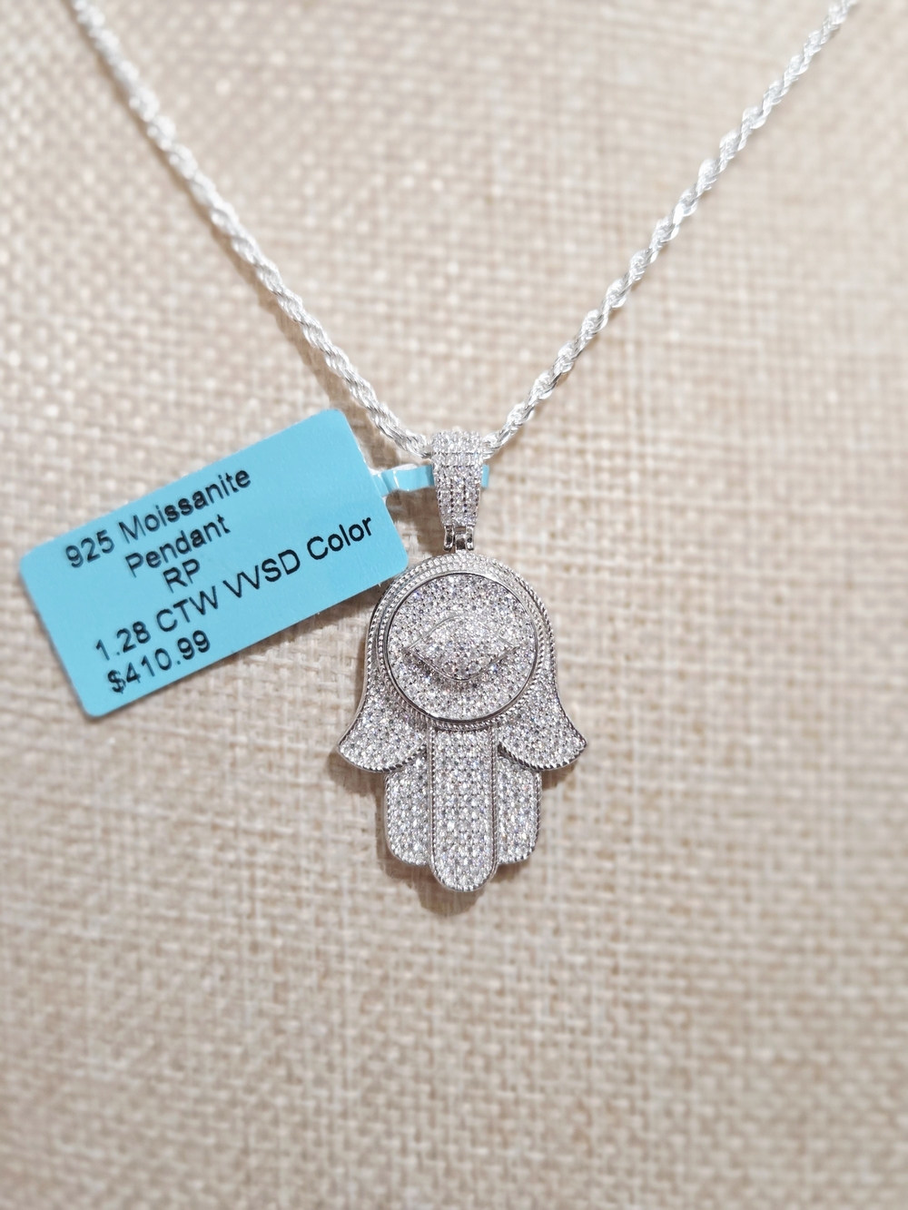 Sterling Silver Hamsa Pendant Necklace with Clear Stones - 925 Moissanite
